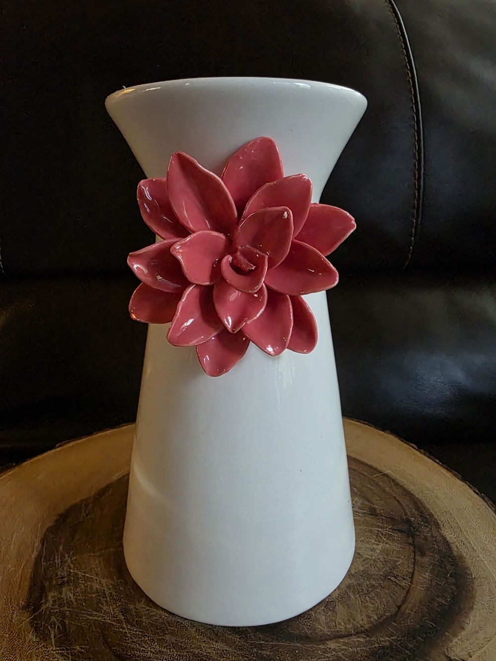Vintage Shabby Chic White Ceramic Vase with 3D Pink Flower Accent